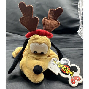 Disney Mouseketoys Pluto Christmas Reindeer Antlers 9 In Plush Bean Bag Toy